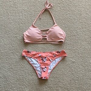 Cupshe Orange Bikini Two Piece Swimsuit Orange Size Medium Floral Striped EUC